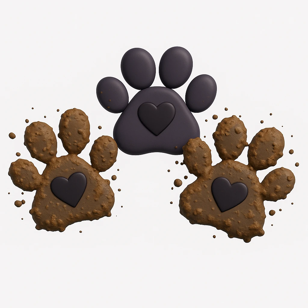 Make the two black puppy paws look muddy, keep the black heart around them and original style (original style slug: 3d-emoji) emoji