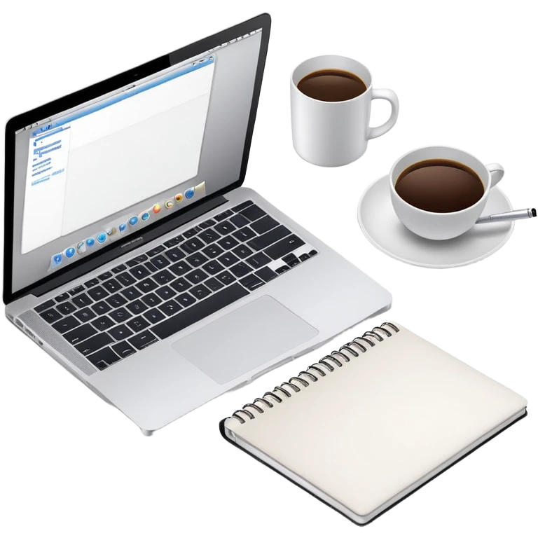 top view of a MacBook and a notebook with a pen nearby emoji