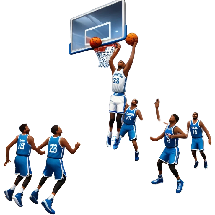 An icon showing a basketball court with players in action, inspired by NBA 2K25. A player jumps for a dunk, the ball mid-air, with the court’s floor and surrounding basketball arena visible. Bright lights highlight the excitement of the game. Transparent background. emoji