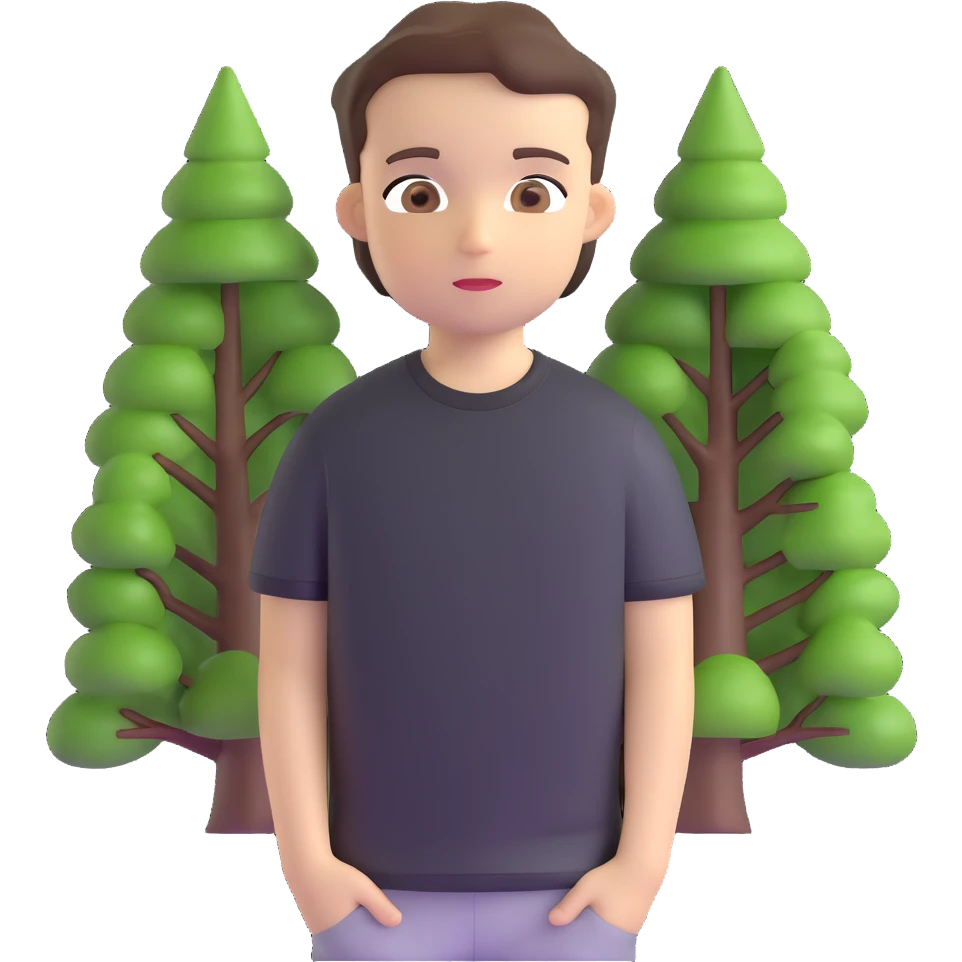 boy with straight short brunette hair brown eyes black tshirt on and tree behind emoji