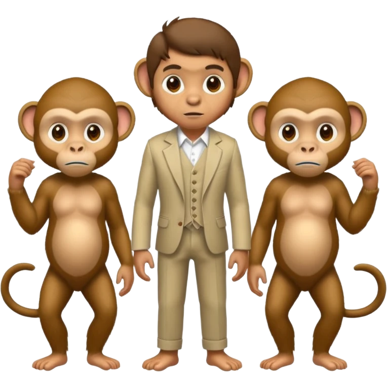 side view of two crouching monkeys and a standing man behind them, all facing the same direction, showing inheritance emoji