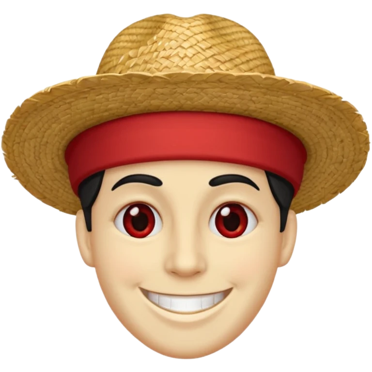 Un personnage avec la peau beige une cicatrice sous l'oeil des cheveux noirs en bataille et un chapeau de paille avec une bande rouge il arbore un grand sourire emoji