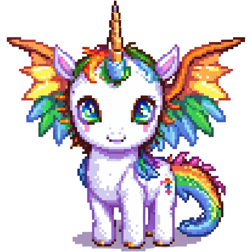 dragon with big eyes, large rainbow wings, and a unicorn horn emoji