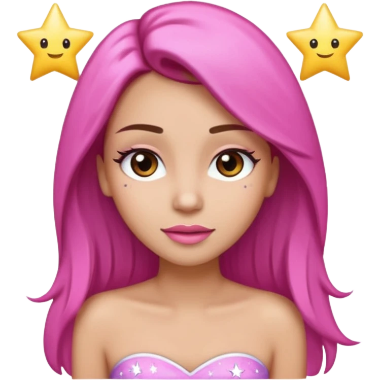 A young woman with long straight brown hair, big brown eyes, long eyeleshes,pink lips, wearing a white strappless top, in emoji style with shiny star effects in her hair emoji