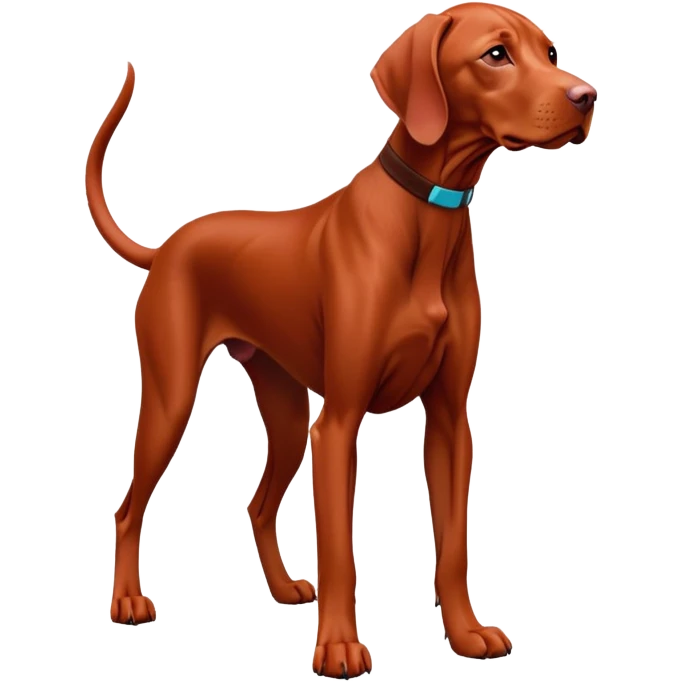 cinematic-[Vizsla-realistic-full-body-standing-emoji,-tail-resting-loosely-beside-its-paws,-head-tilted-dramatically, -sleek-[red]-fur,-simplified-yet-realistic-focused-features,-highly-detailed,-glowing-with-an-almost-sarcastic-glow emoji