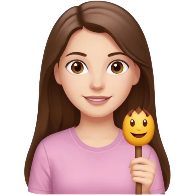 happy white long brunette hair girl with hazel eyes and in a light pink shirt with USC in white emoji