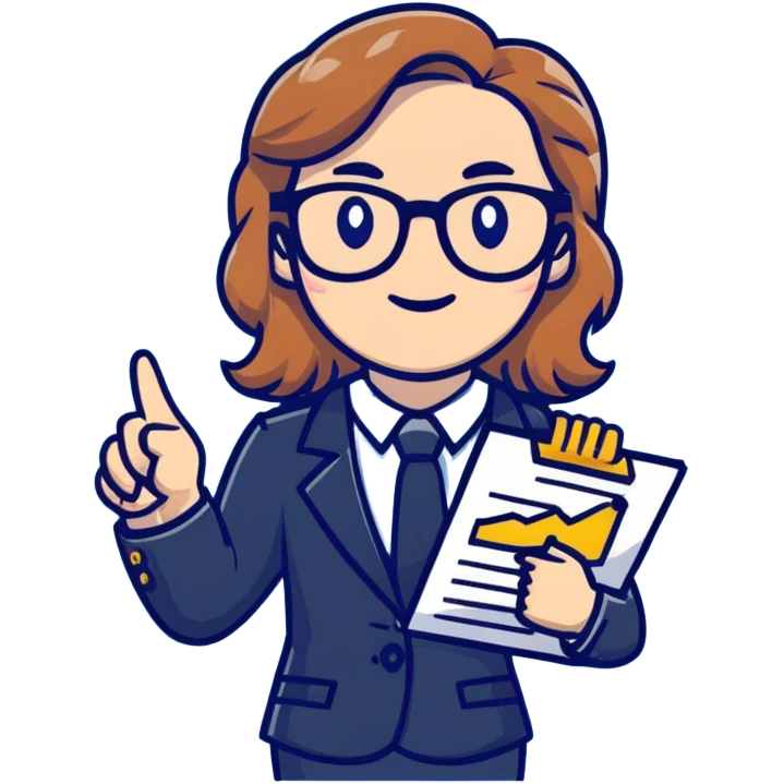 Professional economics channel mascot with shoulder-length wavy light brown hair, rectangular glasses, navy blazer, light blue shirt, holding clipboard with chart, pointing at dollar and euro symbols emoji