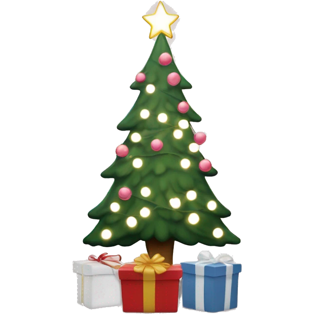 A Christmas tree with white lights and Christmas presents with light rose and white colors and patterns under neath it  emoji