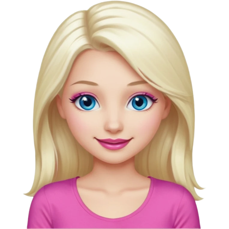 Girl with long platinum blonde hair, blue eyes, long lashes, sexy pink lips, wearing a pink top emoji