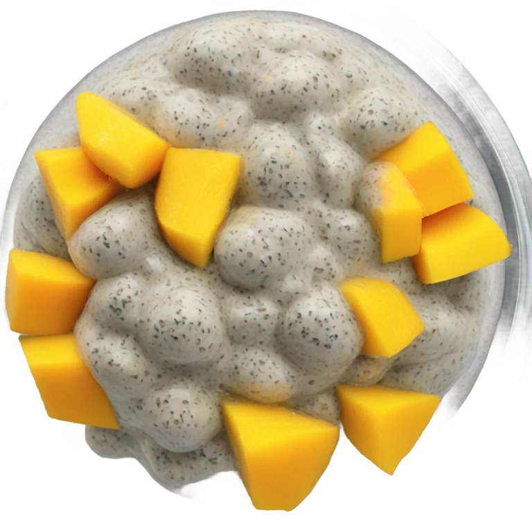 a clear glass of chia pudding with diced mango on top emoji