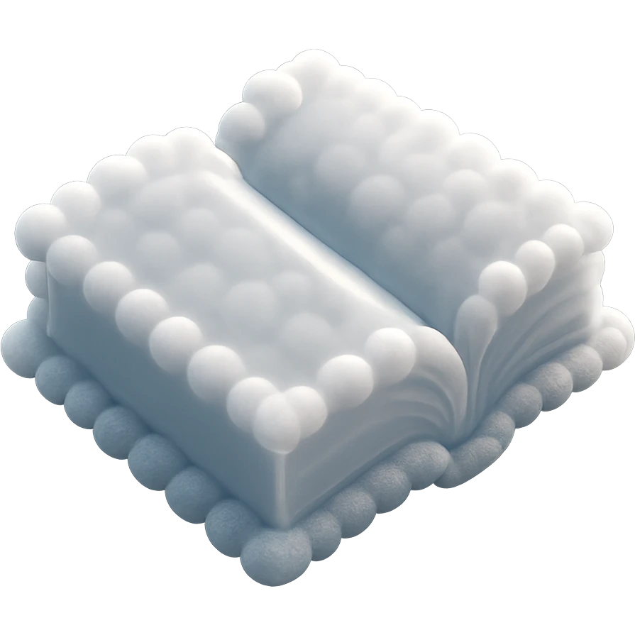 top view of a thick open book made entirely of small, very bright white fluffy convex clouds, matte glass style emoji