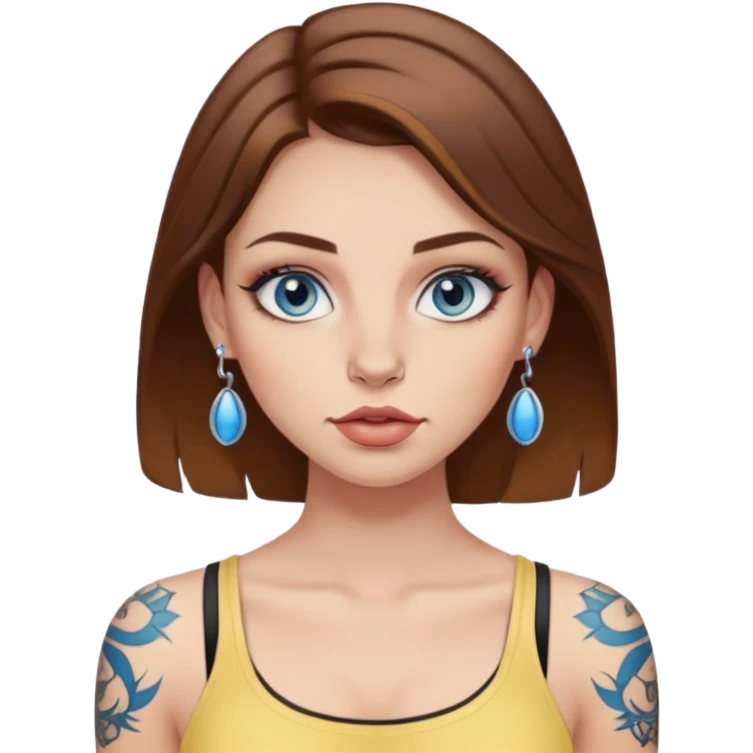 girl with brown hair, blue eyes, make up, full lips? nose piercing, some tattoos and a light yellow crop top  emoji