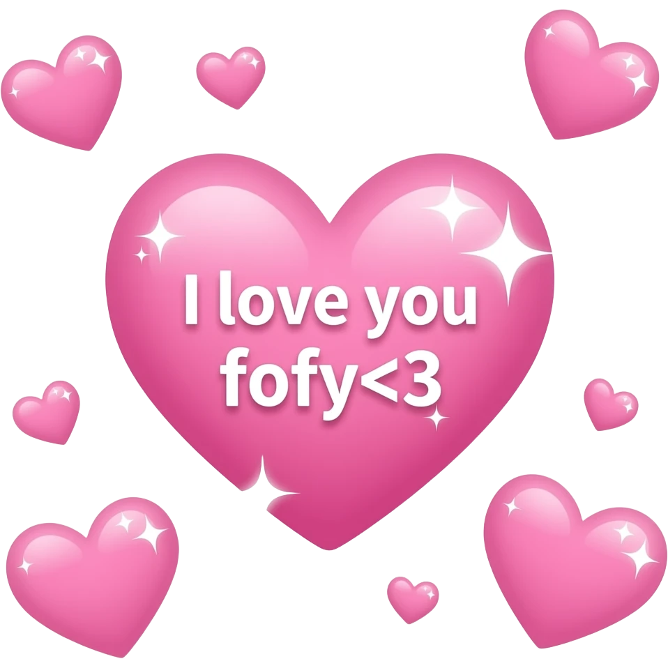 Small light pink heart with sparkles around it “I love you fofy<3” written inside it in quickier font and a few smaller hearts around it and emoji