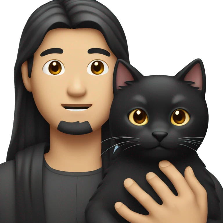 Long hair Asian man holding black cat emoji
