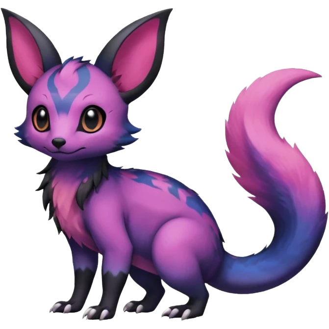 Rare epic aesthetic colorful Salandit-Noibat-Eevee-Civet-species-Fakemon-hybrid-creature, with markings, full body emoji