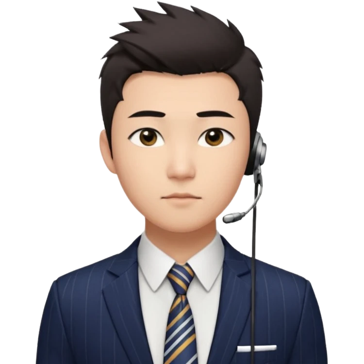 gay young Asian man with light skin, short dark hair styled upward with a sharp spiked swoop in front, slightly narrowed almond-shaped eyes with a confident, knowing squint, very squinty a clean-shaven face, and a sleek single-ear headset, wearing a dark pinstripe suit with a patterned shirt tie emoji