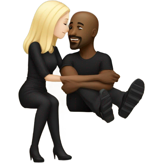 Blonde woman with blue eyes and long straight hair wearing a short black dress and a black man who is bald with a goatee seated together on a sofa enjoying a loving kiss.   emoji