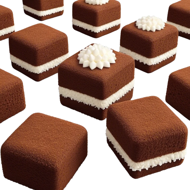 cinematic-realistic-lamingtons-dessert-emoji,-depicted-as-soft-sponge-squares-coated-in-chocolate-on all sides with coconut sprinkled on all side-rendered-with-mouth‚watering-detail-and-vibrant-lighting emoji