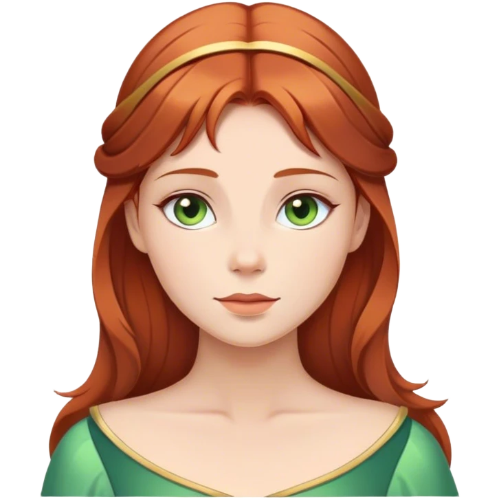Cinematic Serene Sleeping Beauty Portrait Emoji, rendered in a simplified vector style. Depict a gentle Aurora (chest and above) with fair, glowing skin and softly cascading auburn hair, her expression calm and reflective, dressed in her timeless attire. The image exudes a soft, warm radiance with high shine and a subtle glowing outline. emoji