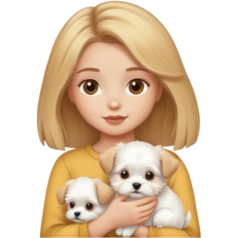 A honey dark blonde girl with a Maltese puppy emoji