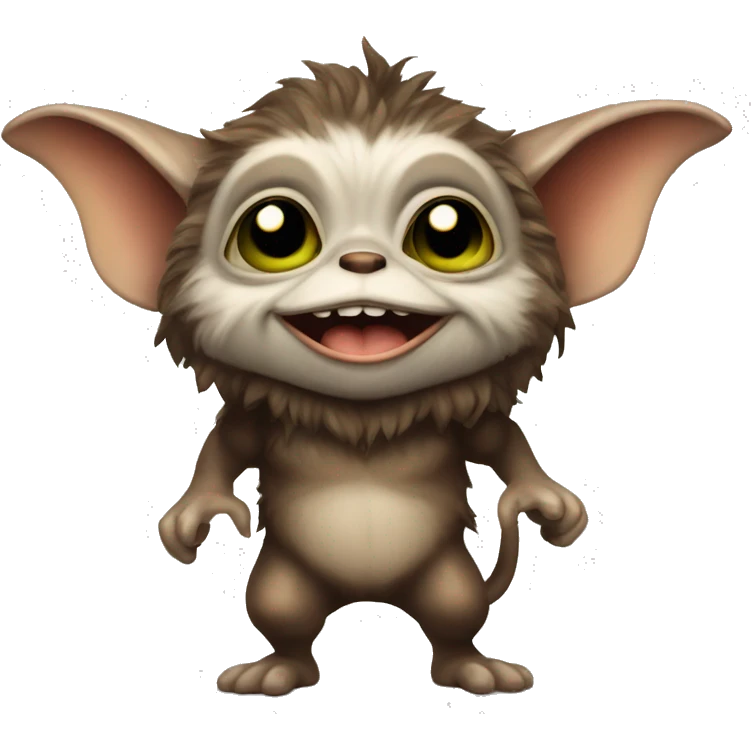 A full body image of a cute gremlin named gizmo that is smiling emoji