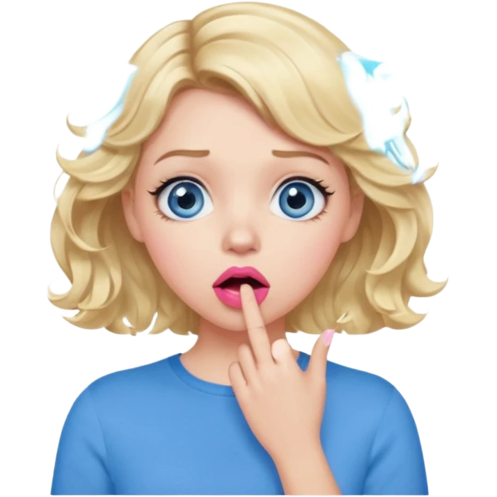 Girl Blonde short wavy hair,  blue eyes, cute blue top, long lashes, pink lips, shocked, hand over the mouth emoji
