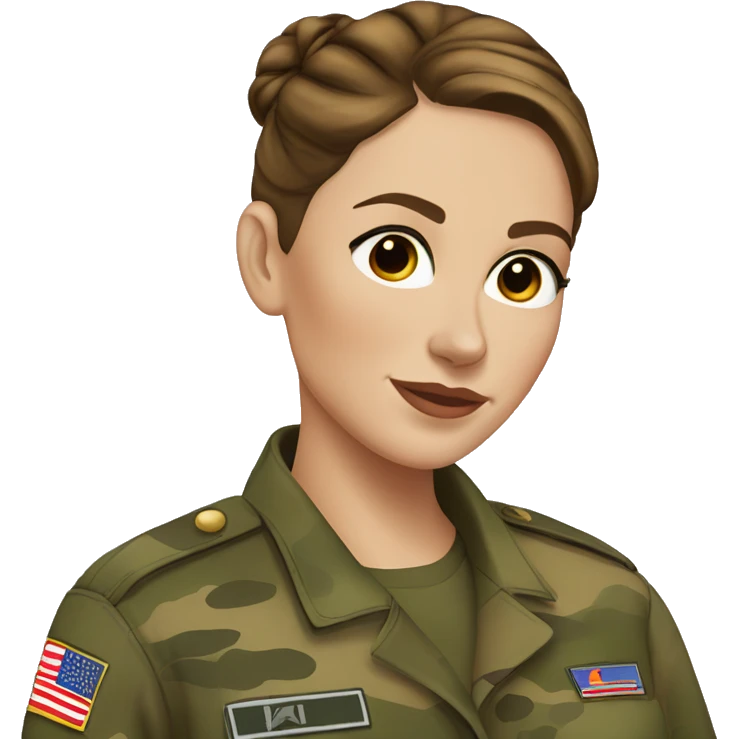 White freckled Woman in camo military uniform , brown hair, sleek hair bun emoji