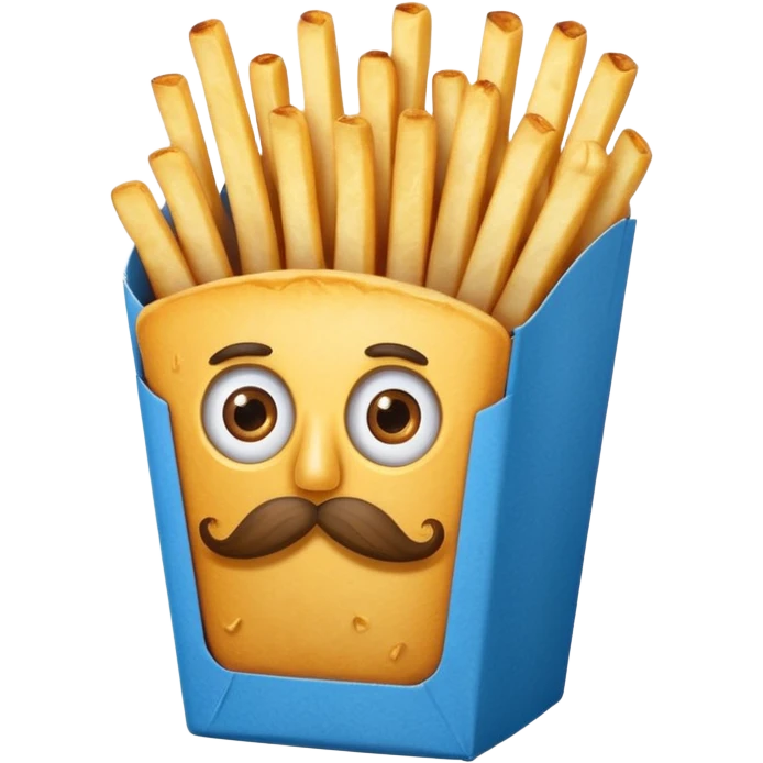 long slim crispy fries in a blue carton, carton has eyes and mustache emoji