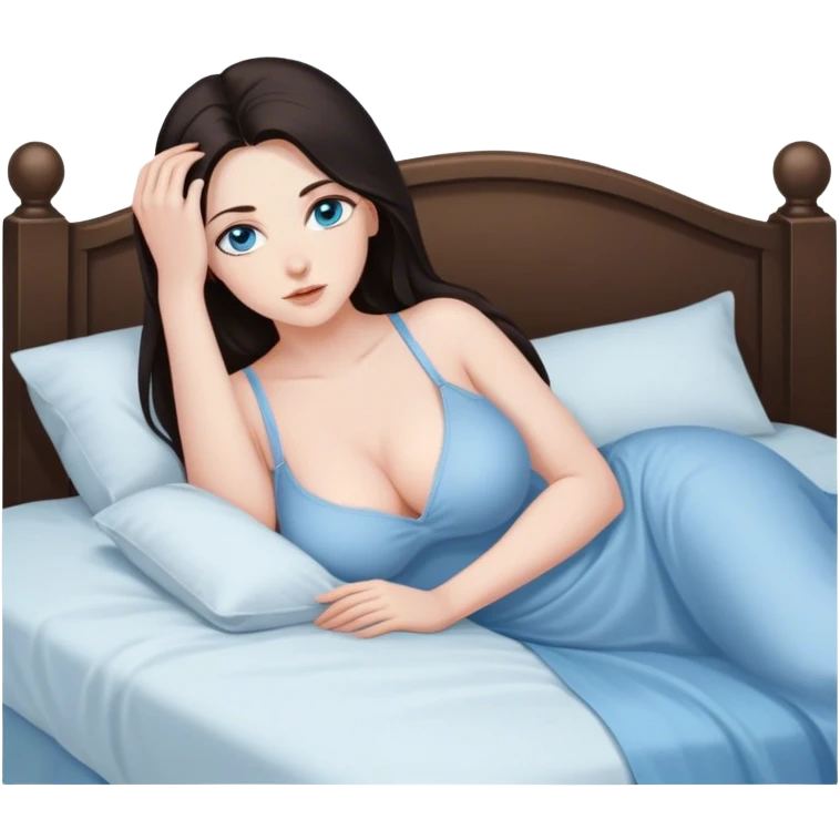 busty pawg long dark hair pale blue eyes intimate bed pose sfw emoji