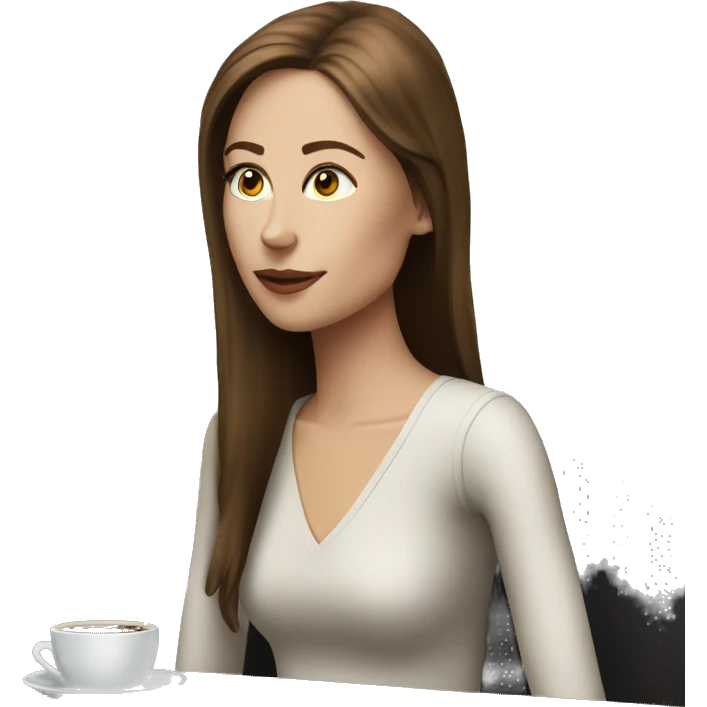 Side view realistic posh brown straight haired pale woman sits at the coffee table emoji