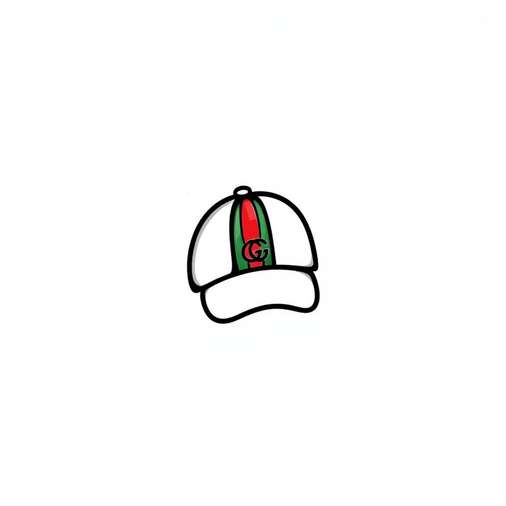 hand-drawn doodle of a Gucci cap with signature green and red stripes and logo emoji