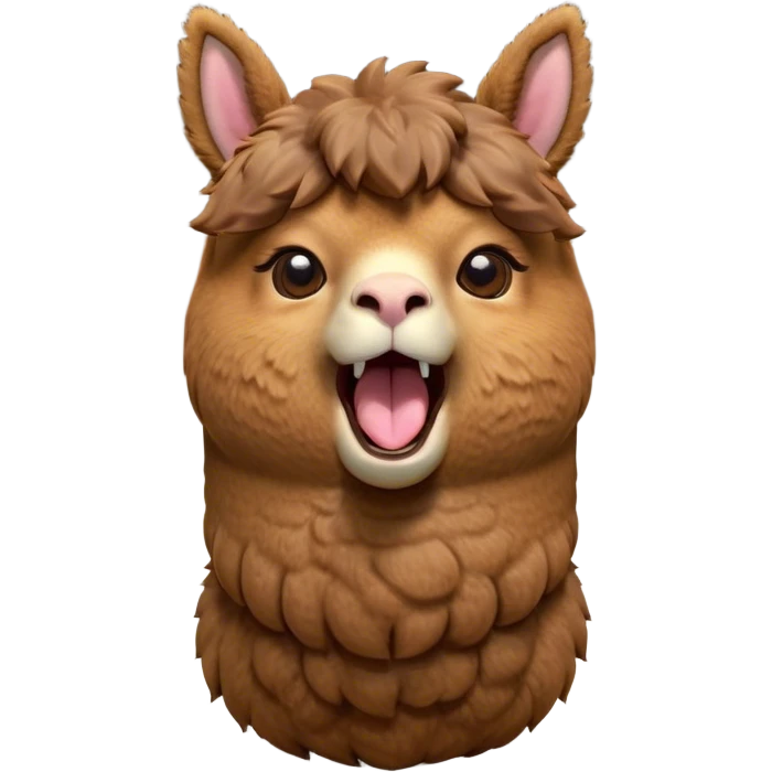 Cinematic Cute Yawning Brown Alpaca Portrait Emoji, Head tilted slightly with a dramatic, wide-open yawn, showcasing a soft, plush brown fleece with gently drooping ears, round warm eyes barely open in drowsy contentment, Simplified yet irresistibly adorable features, highly detailed, glowing with a soft, cozy glow, high shine, relaxed yet expressive, stylized with a touch of whimsy, bright and endearing, soft glowing outline, capturing the essence of a sleepy yet affectionate alpaca, so drowsy it feels like it could stretch out of the screen and curl up for a nap! emoji