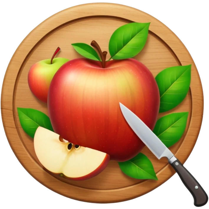 A round wooden board with a whole apple and several slices on it and knife with leaves, with a rainbow outline emoji