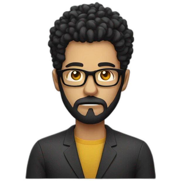 angry men with black curly hair and beard with golden glasses working on computer emoji