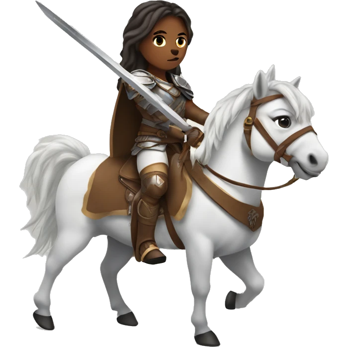 white skin valkyrie with brown eyes and hair on a horse with a sword emoji