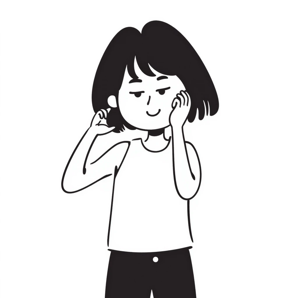 shy girl tucking her hair behind her ear, hand drawn notion style doodle emoji