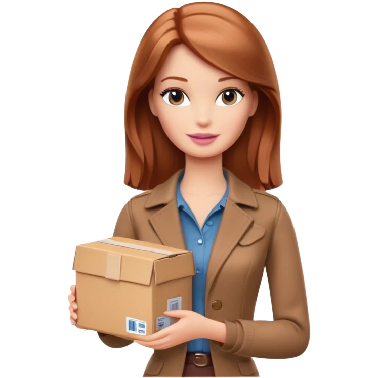 Barbie with shoulder-length reddish-brown hair in brown clothes holds a package box emoji
