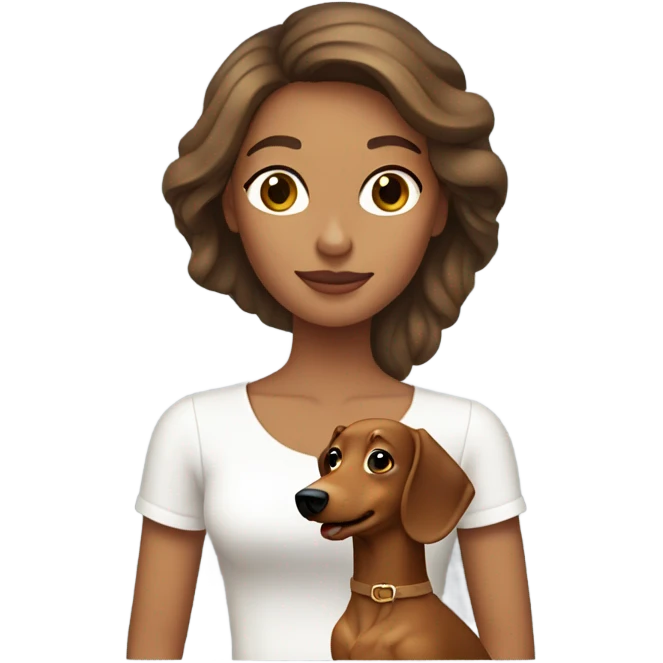Brown haired woman with tan skin wearing white top holding a blonde long haired dachshund emoji