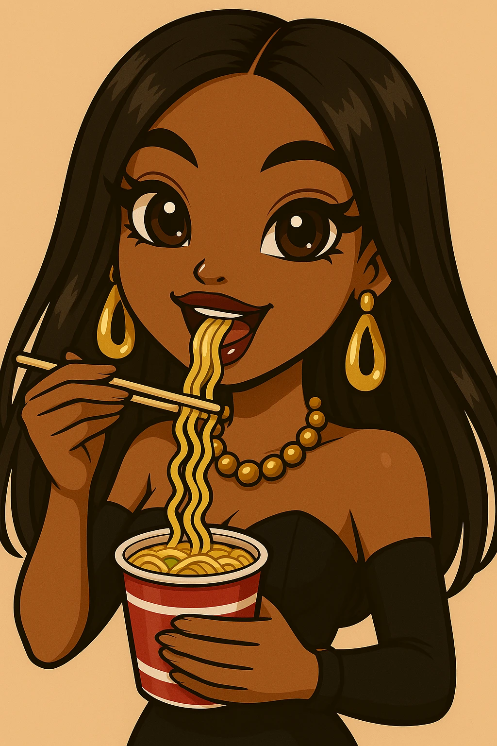 Change the pose to a 20-year-old anime Bratz style woman with dark skin, straight hair, trendy outfit, big expressive eyes, glossy lips, no hat, no tears, happy expression, looking straight ahead, eating a cup of noodles with chopsticks, headshot only. emoji