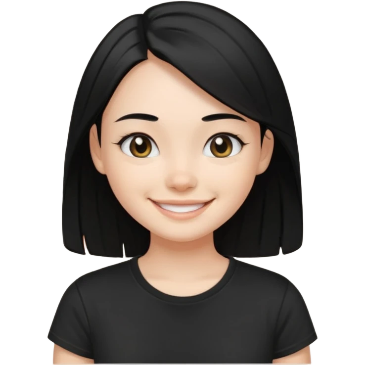 a pretty bratz fair girl with straight black hair, wearing a black tshirt, smiling emoji
