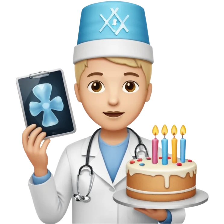 doctor emoji holding X-ray, birthday hat with cake on top. emoji