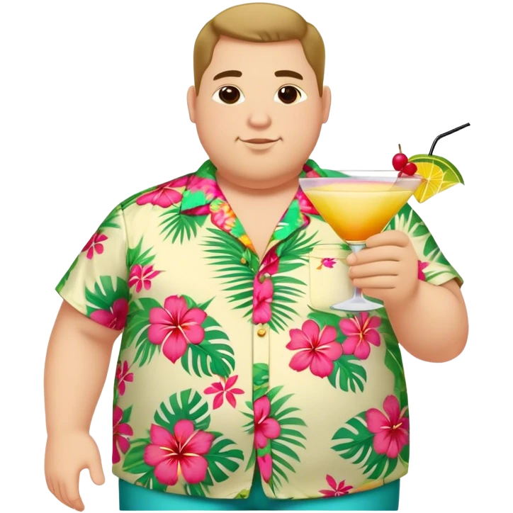 chubby guy full figure in a flowered hawai shirt holding a cocktail emoji