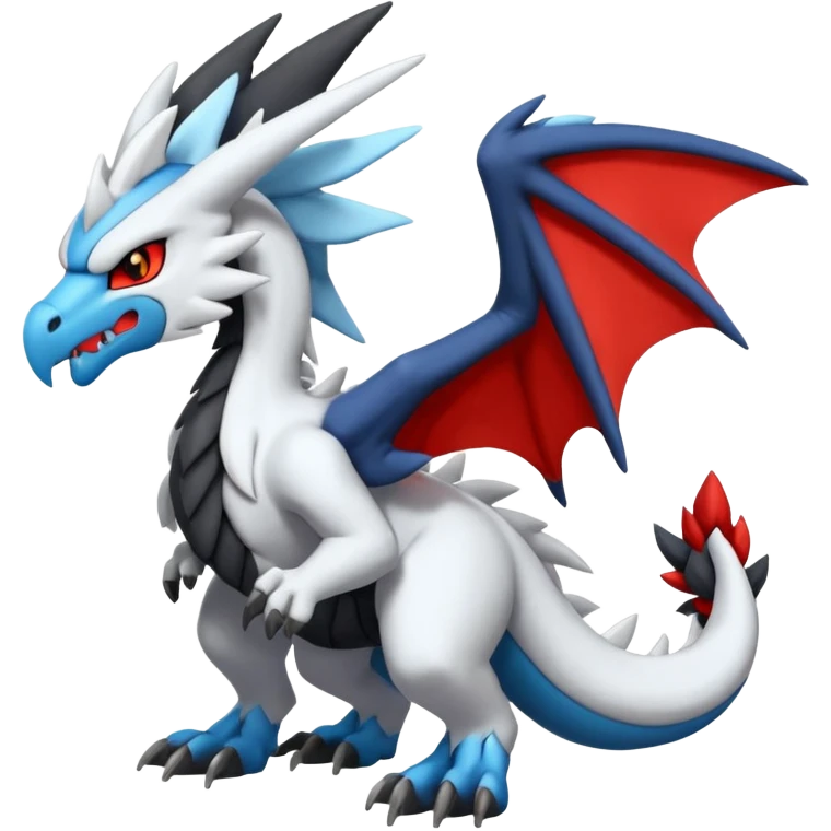 Cute cool furry black and white and red and blue Kyurem-Zekrom-Reshiram-Fakémon-Pokémon-dragon-hybrid (full body) emoji