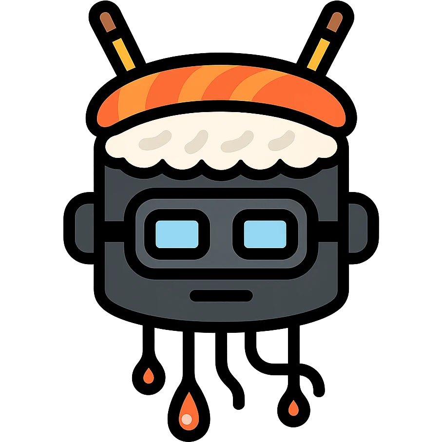 a robot shaped like a sushi roll, with LED eyes, tentacle sticks and soy sauce dripping like wires emoji