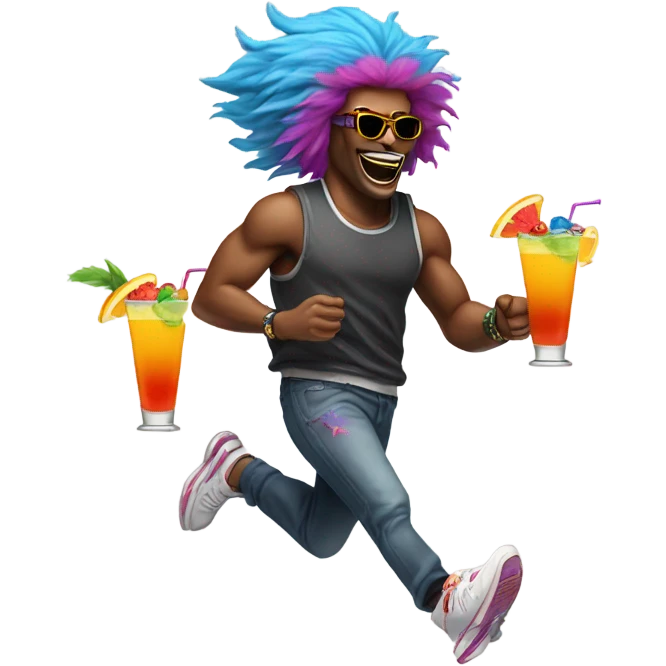 Wolves wearing a wig and sneakers running with a cocktail emoji
