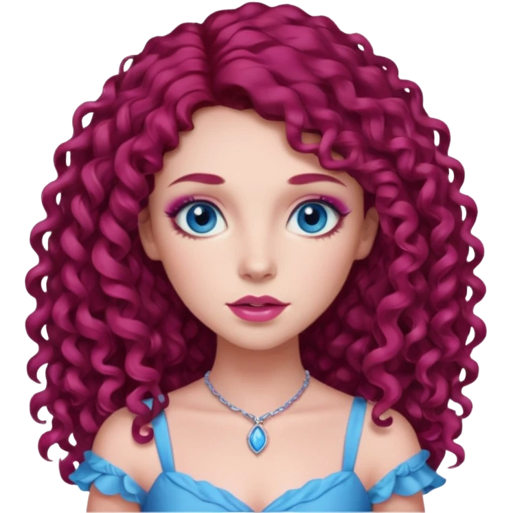 Chappell Roan long dark red curly hair, blue eyes, pink eyeshadow and lip, pink dress emoji