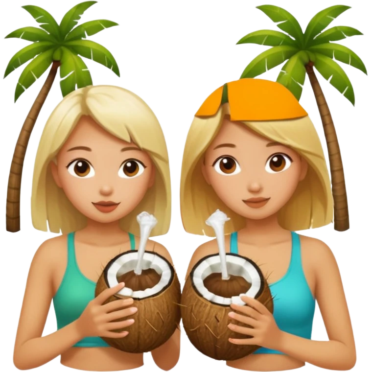 Two girls drinking out of a coconut one is Asian the other one is blonde  emoji