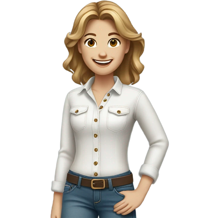 White girl with medium length light brown hair in denim jeans and white shirt smiles emoji