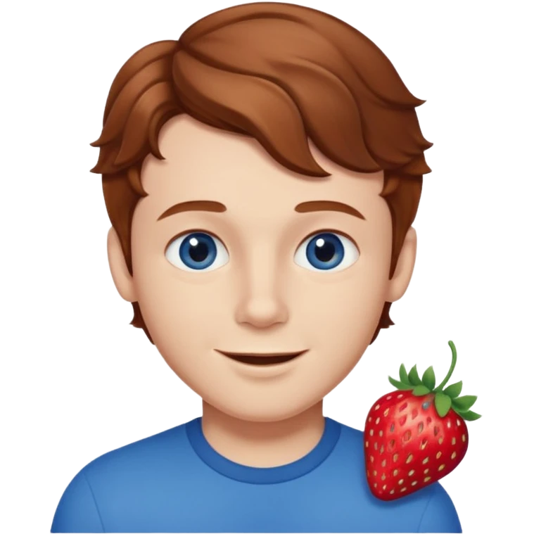 Please generate a portrait of a boy. He has wavy, light brown to reddish-brown hair, a right side parting, longer sideburns, blue eyes, a snub nose, and a somewhat pronounced, strawberry-red pout. He is smiling. emoji