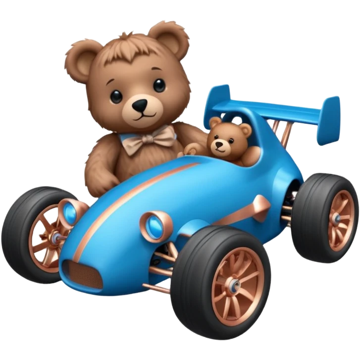 dark crystal blue and rosegold-accented rc racing car driven by a small cute fearless teddy business bear with rear spoiler, roll bar, and wheely bar emoji